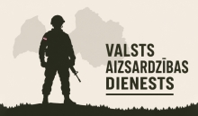 Karavīra siluets uz Latvijas kontūras fona, uzraksts "Valsts aizsardzības dienests"